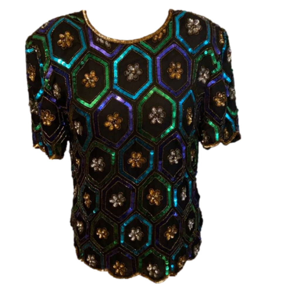 Vintage Y2K Night Vogue Top Heavily Sequined Silk Small Holiday - Picture 1 of 12